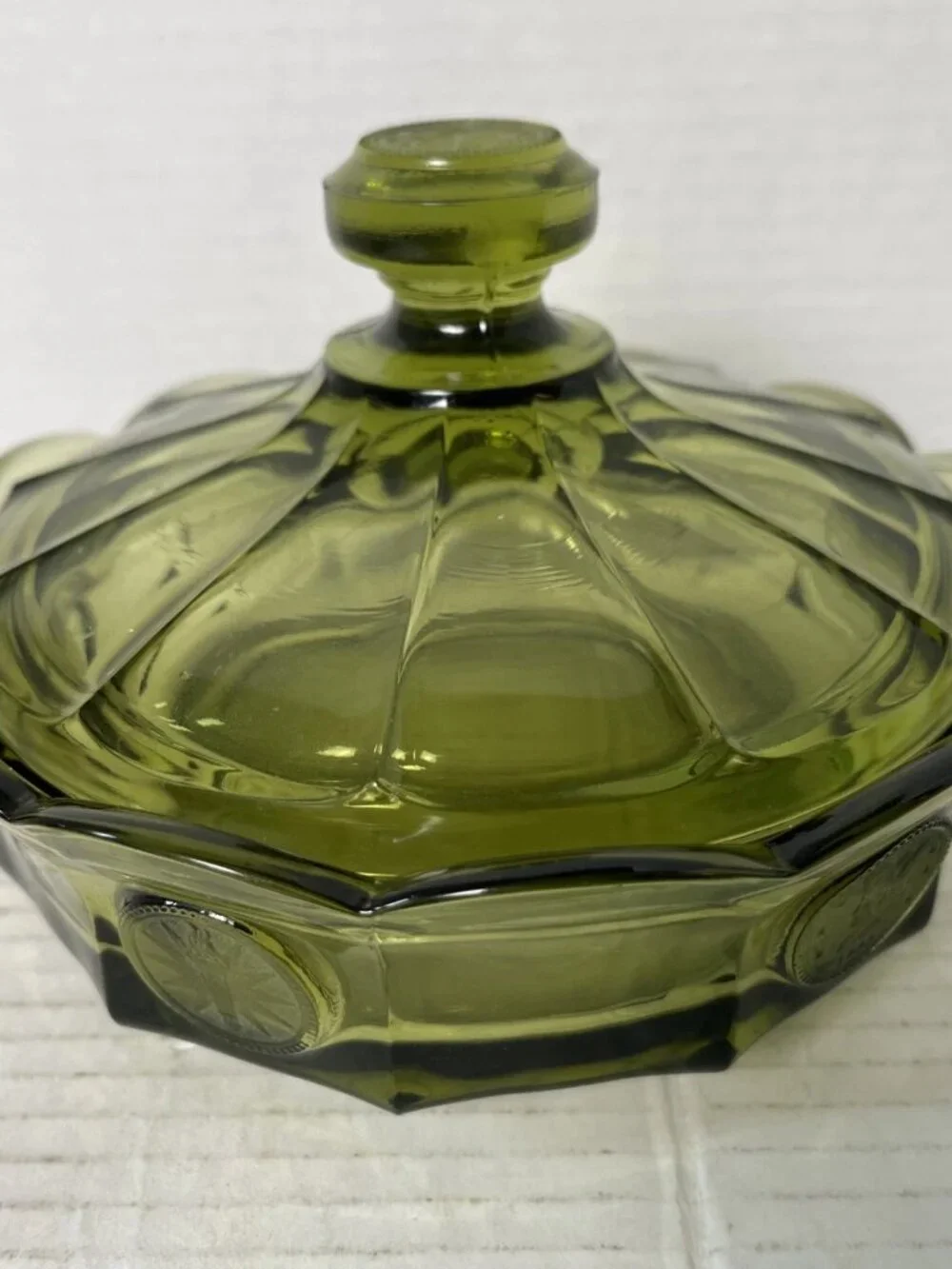Vintage Fostoria Coin Glass Olive Green Covered Candy Dish